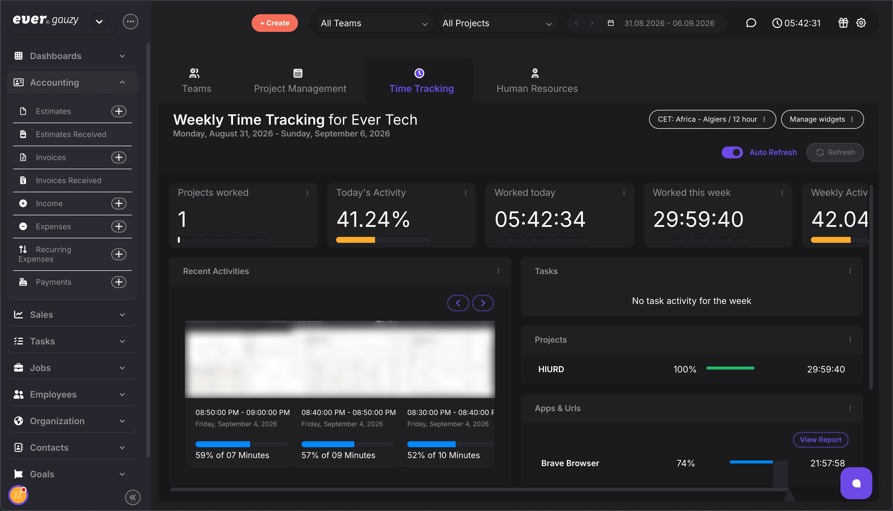Gauzy weekly time-tracking dashboard with activity stats and recent activities.