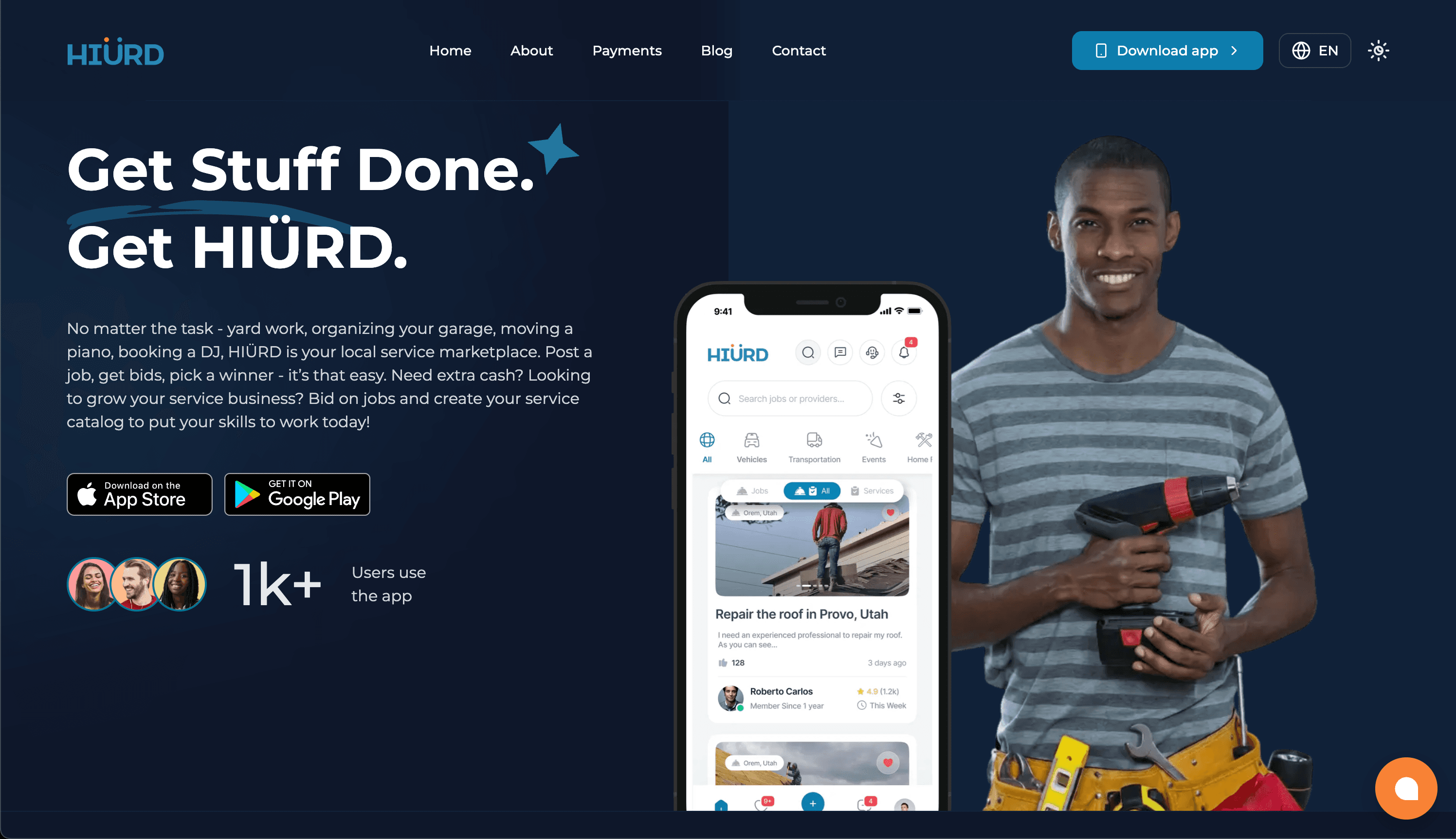 HIURD website hero: “Get stuff done. Get HIURD.” with the mobile app preview.