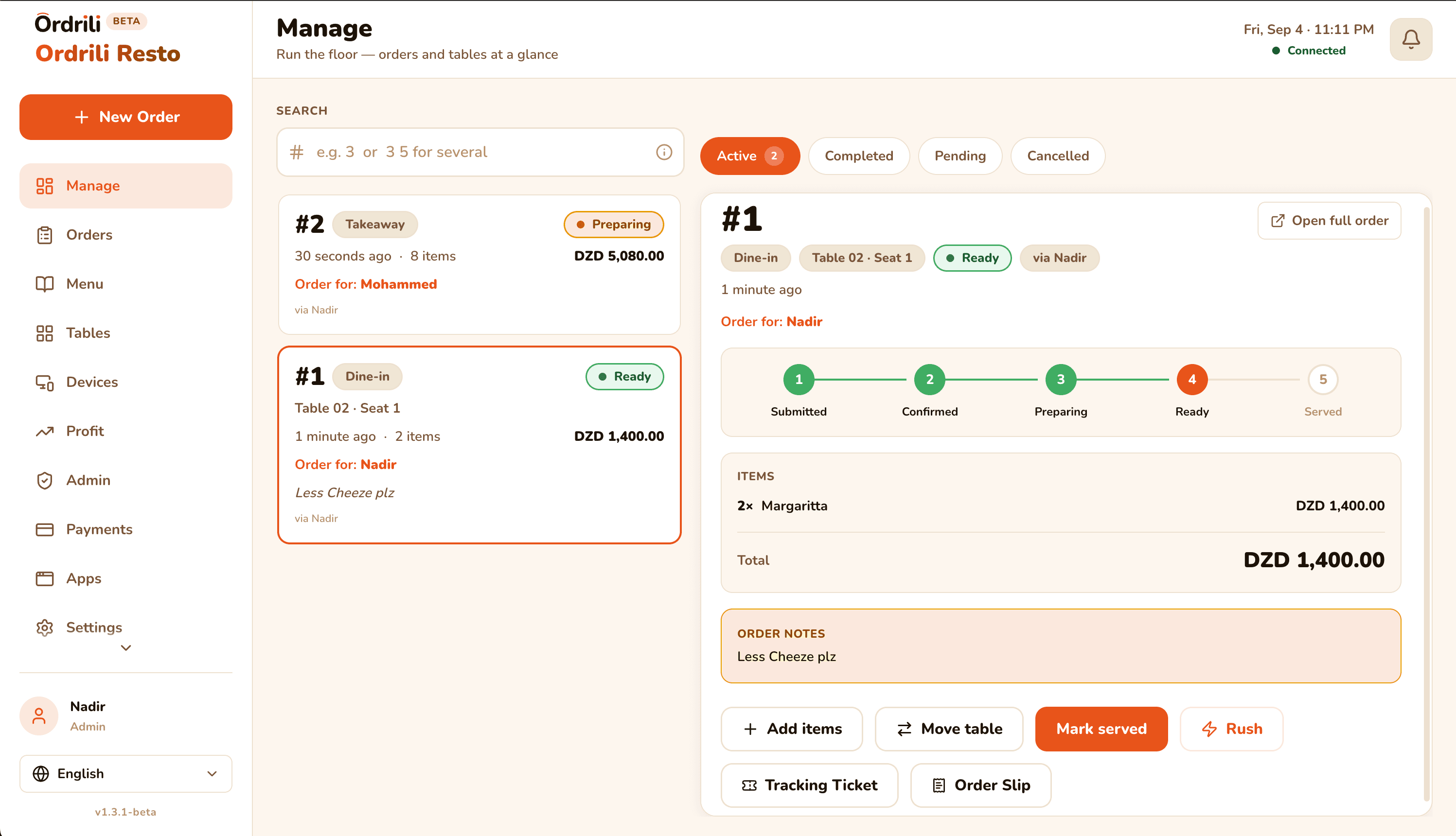 Ordrili manager dashboard showing active orders, a table order detail, and its status timeline.