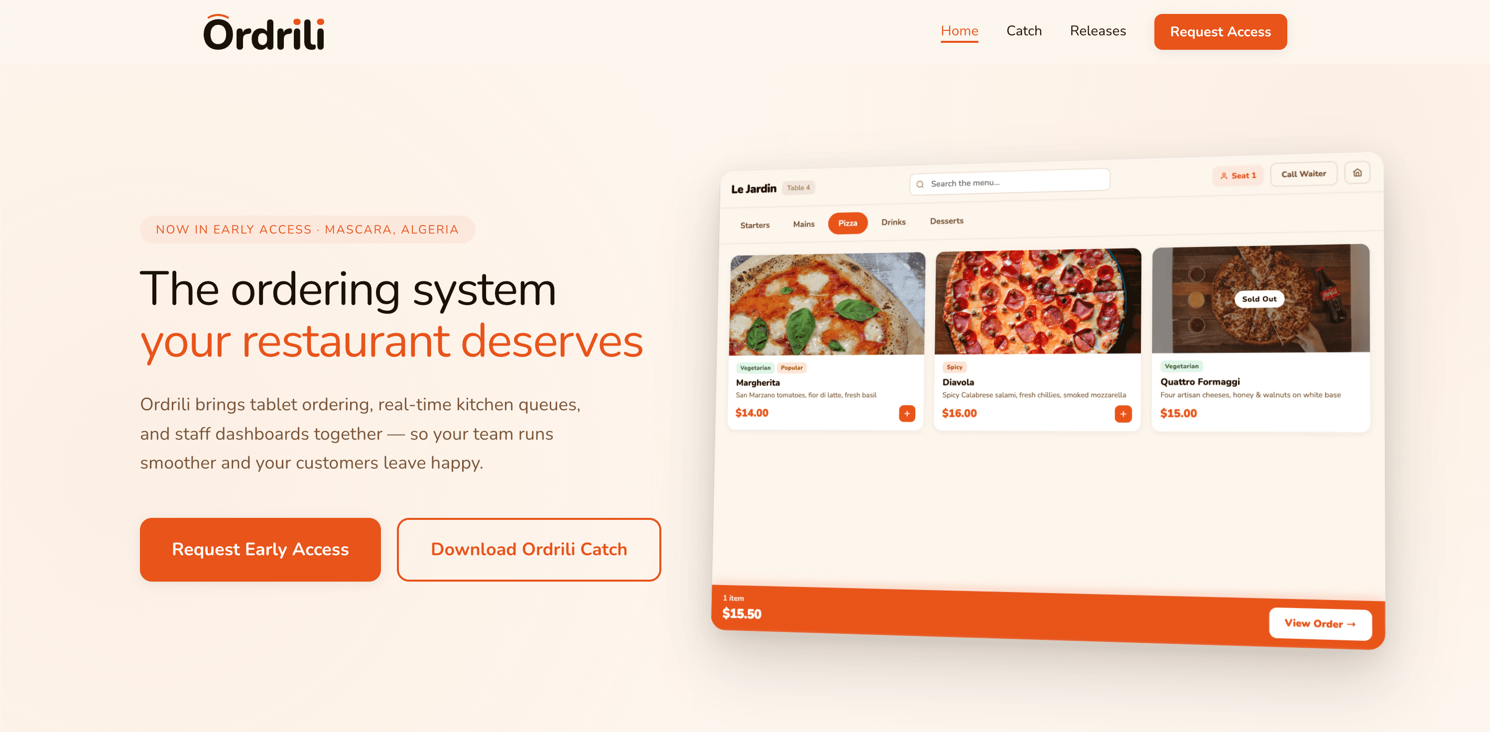 Ordrili marketing site hero: “The ordering system your restaurant deserves”, with a tablet menu preview.