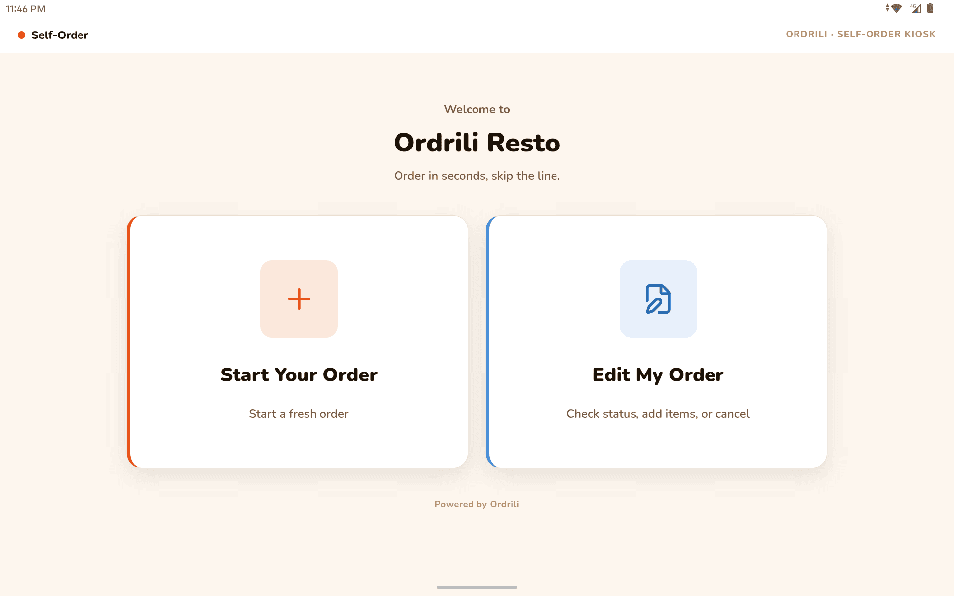 Ordrili self-order kiosk welcome screen with “Start your order” and “Edit my order” options.