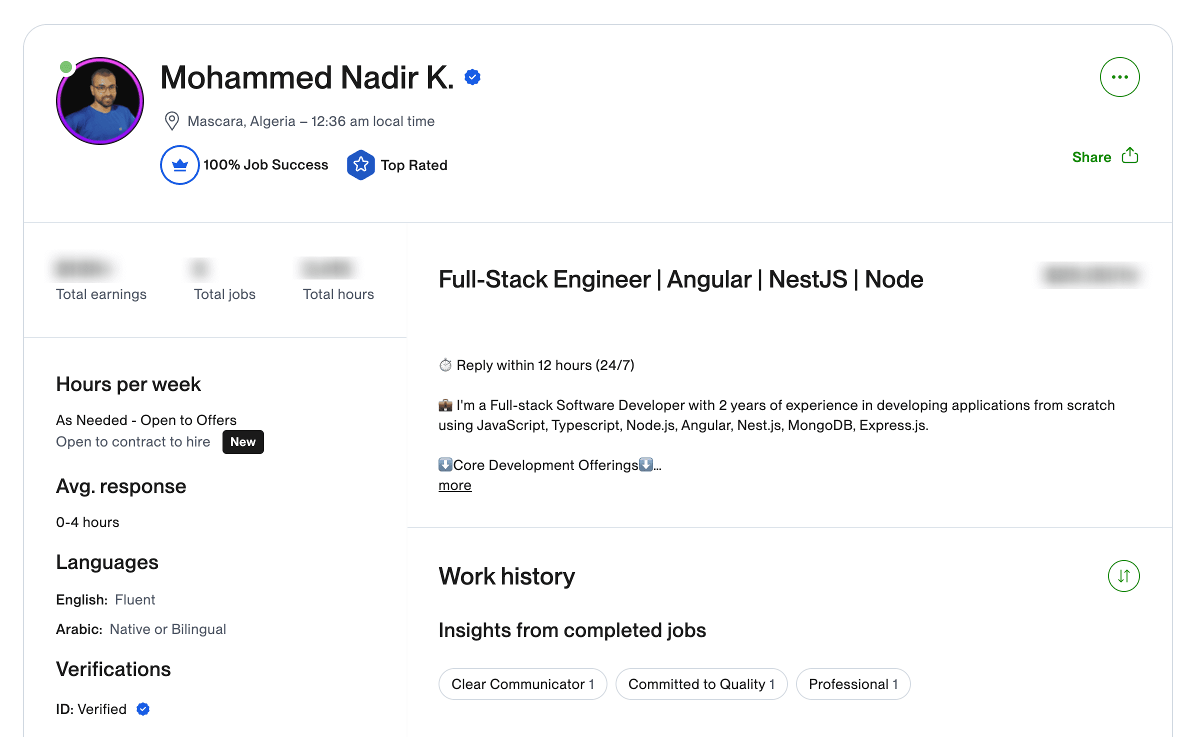 Upwork profile of Mohammed Nadir K. showing the Top Rated badge and 100% Job Success score.